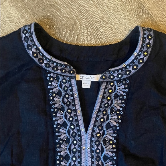 Chico’s casual Navy Blue Embellished Beaded Linen Dress size 8 - Picture 4 of 8